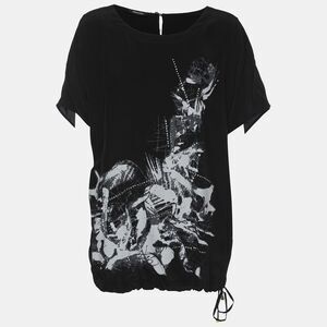 Elena Miro Black Printed And Crystal Embellished Drawstring Tops L